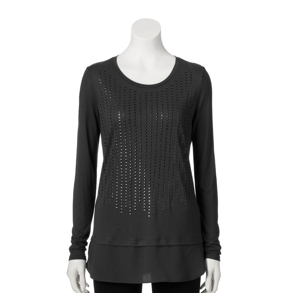 🆕 Apt 9 Long Sleeve Shiny Embellished Front Gray Sz S